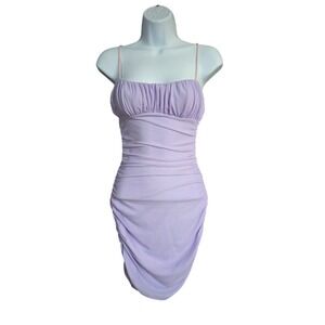 Hello Molly Ruched Bodycon Mini Dress Womens XS Lavender Purple Spaghetti Strap